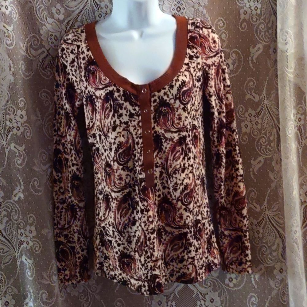 Bucket List Women's Size S Boho‎ Brown Paisley Long Sleeve Top 1/2 Snap